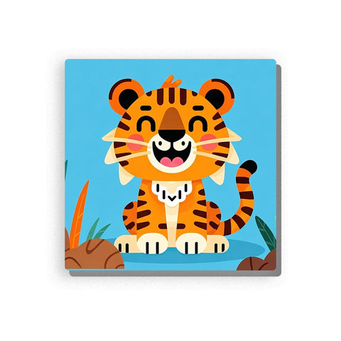 Laughing orange tiger cub sitting on a blue background, with black stripes, rosy cheeks, small white fangs, cream belly, curled striped tail, green leaves, brown rocks, and playful cartoon animal details, Paint by Numbers kit for kids by PaintEasy.