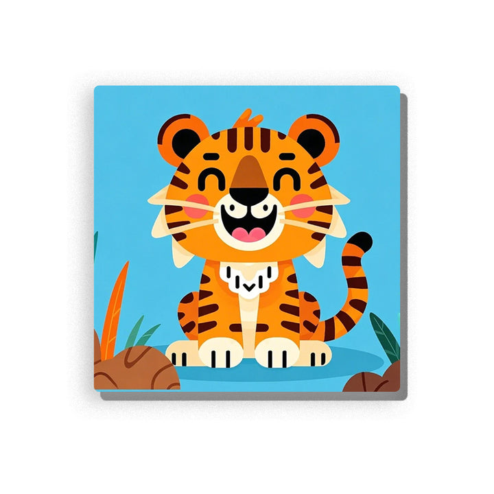 Laughing orange tiger cub sitting on a blue background, with black stripes, rosy cheeks, small white fangs, cream belly, curled striped tail, green leaves, brown rocks, and playful cartoon animal details, Paint by Numbers kit for kids by PaintEasy.