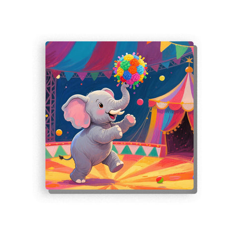 Gray circus elephant walking under colorful balloon crown, with striped carnival tents, bunting flags, glowing ring lights, bright orange and yellow floor, and festive circus background, Paint by Numbers kit for kids by PaintEasy.