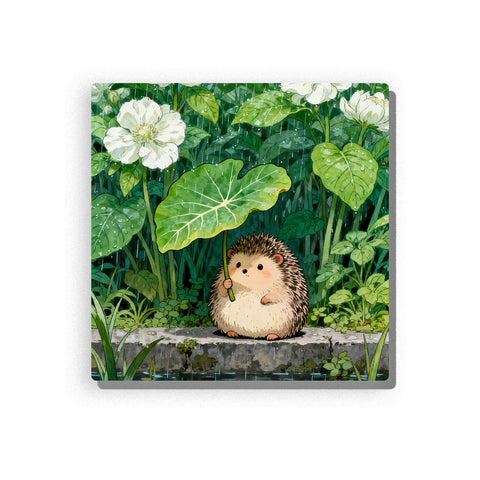 Little hedgehog holding a large green leaf umbrella in a rainy garden, with white flowers, heart-shaped leaves, raindrops, stone ledge, pond edge, and deep green plants, Paint by Numbers kit for kids by PaintEasy.