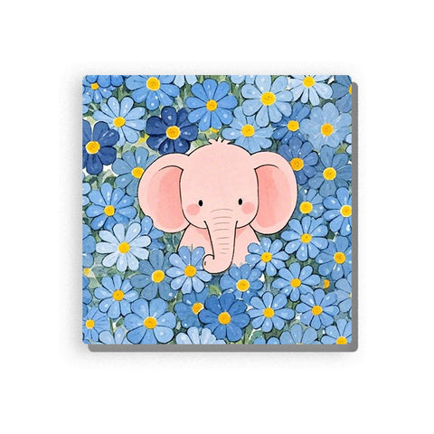 Baby elephant with soft pink ears and rosy cheeks surrounded by blue daisy flowers, yellow flower centers, green leaves, and gentle floral animal background, Paint by Numbers kit for kids by PaintEasy.