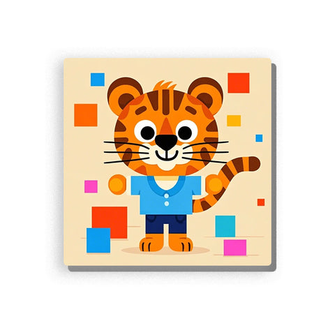 Cute orange tiger wearing a blue shirt and dark shorts, with brown stripes, big round eyes, smiling face, curled striped tail, colorful red blue yellow and pink geometric blocks, and cream background, Paint by Numbers kit for kids by PaintEasy.
