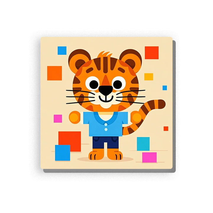 Cute orange tiger wearing a blue shirt and dark shorts, with brown stripes, big round eyes, smiling face, curled striped tail, colorful red blue yellow and pink geometric blocks, and cream background, Paint by Numbers kit for kids by PaintEasy.