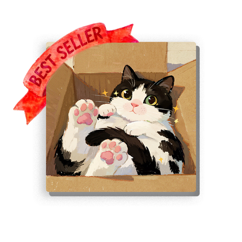 Black and white tuxedo cat lying in an open cardboard box with green eyes, pink nose, raised paws, pink paw pads, warm brown box flaps, and small golden sparkle details, Paint by Numbers kit for kids by PaintEasy.
