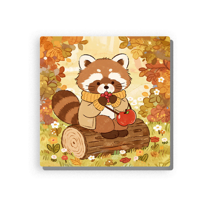 Red panda sitting on an autumn log holding red berries, with striped fluffy tail, red apple, golden leaves, tiny white flowers, fallen foliage, and warm forest background, Paint by Numbers kit for kids by PaintEasy.