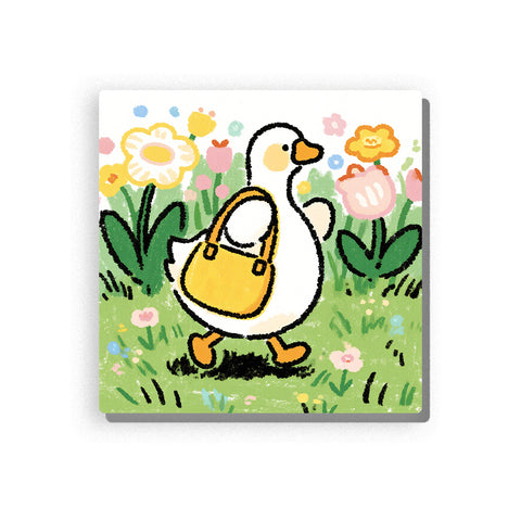 White duck walking in a flower garden with a yellow shoulder bag, orange beak and feet, large yellow and pink flowers, green grass, pastel petals, and playful spring background, Paint by Numbers kit for kids by PaintEasy.