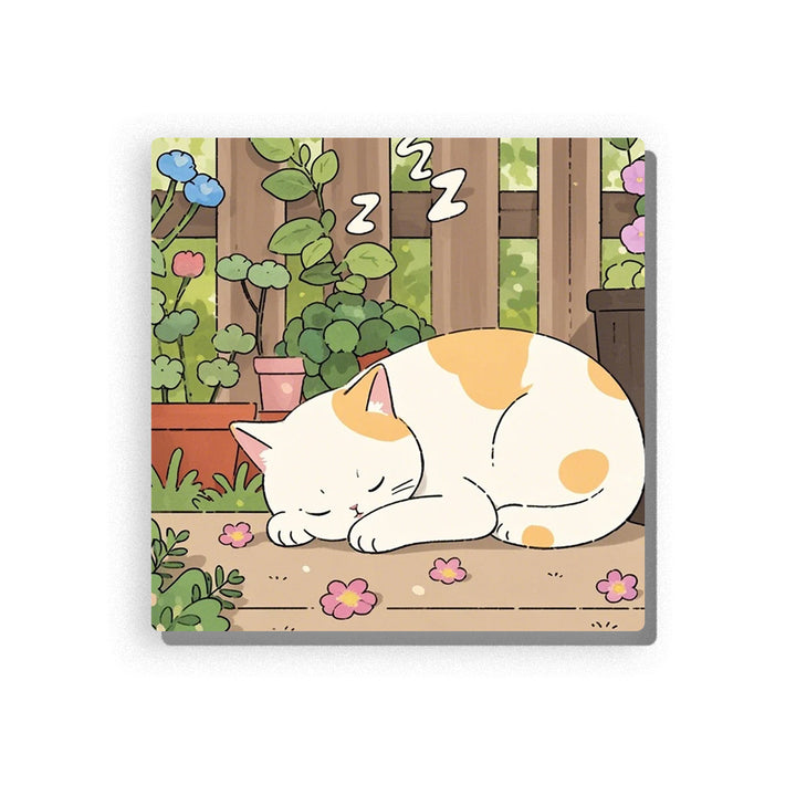 Sleeping cream-and-orange cat curled on a wooden garden patio, with potted plants, leafy vines, small pink flowers, blue blossoms, fence panels, and peaceful outdoor home details, Paint by Numbers kit for kids by PaintEasy.