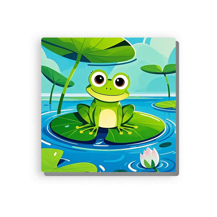Green frog sitting on a large lily pad in a blue pond, with round eyes, cream belly, lotus leaves, water ripples, tall stems, white-pink water lily, and fresh pond garden background, Paint by Numbers kit for kids by PaintEasy.