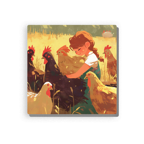 Farm girl hugging a brown chicken in a golden countryside yard, surrounded by hens and roosters, with warm sunlight, wheat-field tones, earthy feathers, soft green clothing, and gentle farm animal details, Paint by Numbers kit for kids by PaintEasy.