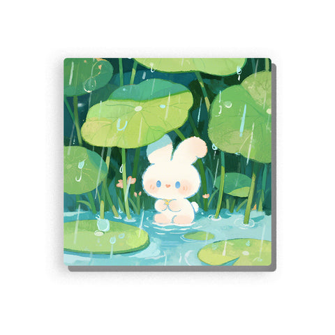 White bunny sitting in a rainy lily pond with large green lotus leaves, lily pads, blue water ripples, falling raindrops, tiny pink flowers, and soft pond garden background, Paint by Numbers kit for kids by PaintEasy.