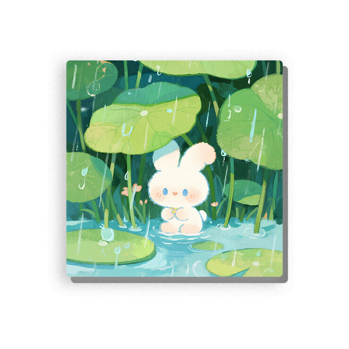 White bunny sitting in a rainy lily pond with large green lotus leaves, lily pads, blue water ripples, falling raindrops, tiny pink flowers, and soft pond garden background, Paint by Numbers kit for kids by PaintEasy.
