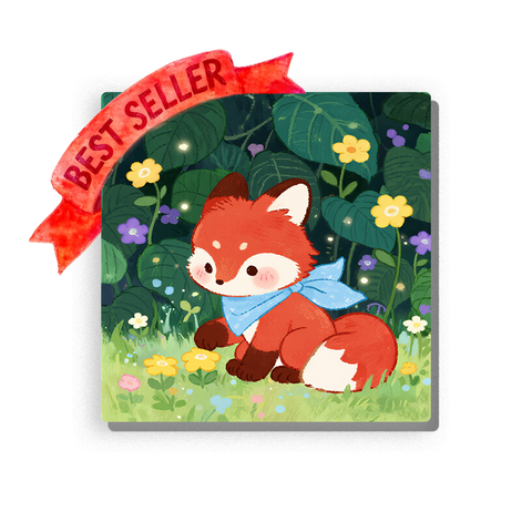 Little red fox wearing a blue scarf in a green flower garden, with cream tail tip, rosy cheeks, yellow flowers, purple blossoms, large leafy plants, glowing dots, and soft grass, Paint by Numbers kit for kids by PaintEasy.