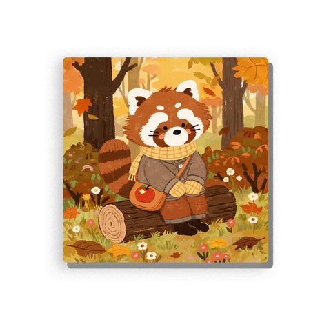 Autumn red panda sitting on a wooden log, wearing a scarf and small jacket, with fluffy striped tail, apple bag, orange leaves, mushrooms, white flowers, tree trunks, and warm forest background, Paint by Numbers kit for kids by PaintEasy.