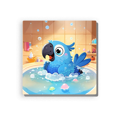 Blue parrot bathing in a bubble-filled bathtub, with bright feathers, dark beak, large eyes, white foam, blue water, bath toys, beige bathroom tiles, shelves, bottles, and playful indoor animal details, Paint by Numbers kit for kids by PaintEasy.