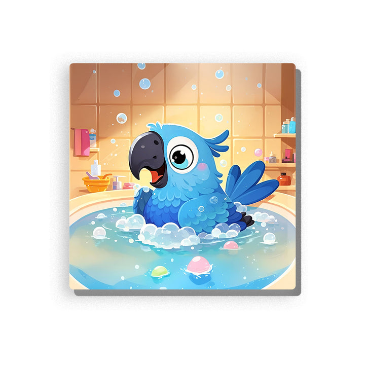 Blue parrot bathing in a bubble-filled bathtub, with bright feathers, dark beak, large eyes, white foam, blue water, bath toys, beige bathroom tiles, shelves, bottles, and playful indoor animal details, Paint by Numbers kit for kids by PaintEasy.