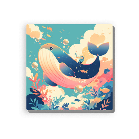 Gentle whale swimming through a pastel coral ocean with tiny rider, bubbles, small fish, leafy sea plants, soft clouds, and dreamy sea-animal mood, paint by numbers by PaintEasy