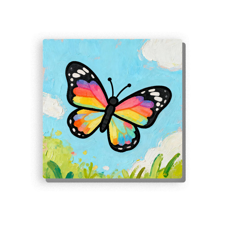 Rainbow butterfly with black wing tips, white dot accents, spread wings, slim dark body, blue sky, small clouds, green grass, and colorful first-insect mood, paint by numbers by PaintEasy