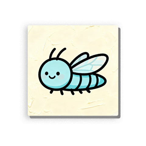 Smiling blue caddisfly with round head, simple antennae, striped body, tiny legs, clear wings, bold black outlines, and soft cream background, paint by numbers by PaintEasy
