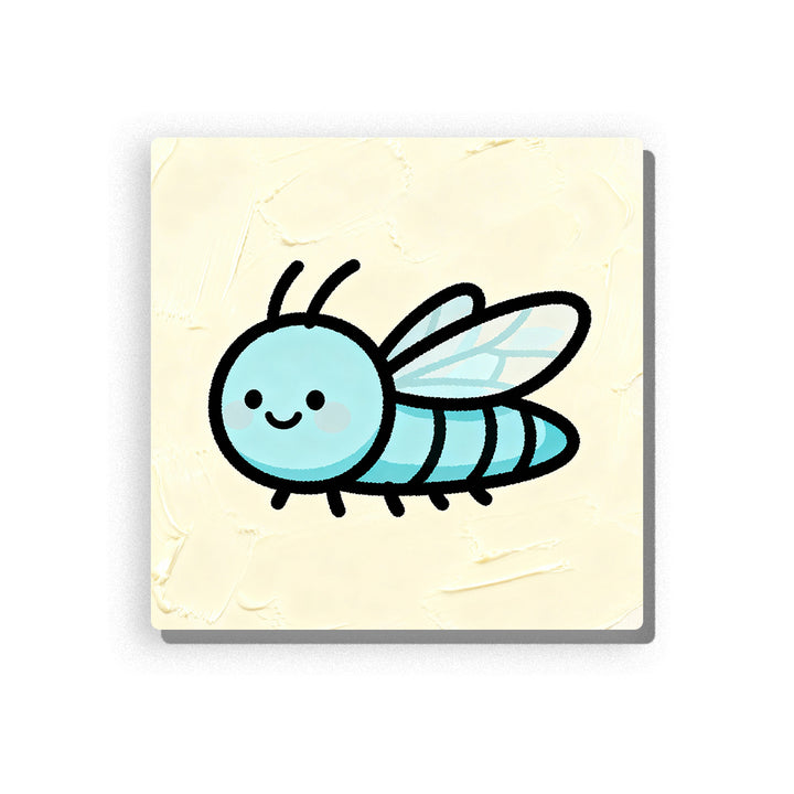 Smiling blue caddisfly with round head, simple antennae, striped body, tiny legs, clear wings, bold black outlines, and soft cream background, paint by numbers by PaintEasy