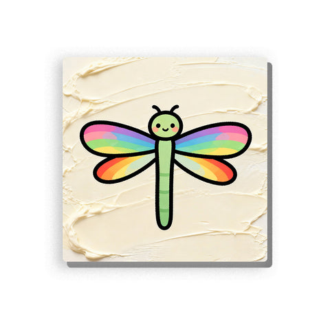 Rainbow-winged dragonfly with long green body, tiny smiling face, short antennae, bright color bands, black outlines, and friendly first-insect mood, paint by numbers by PaintEasy