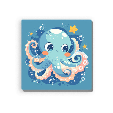 Cute blue octopus with curling tentacles, peach cheeks, white bubbles, yellow starfish, soft blue underwater background, and playful ocean animal mood, paint by numbers by PaintEasy