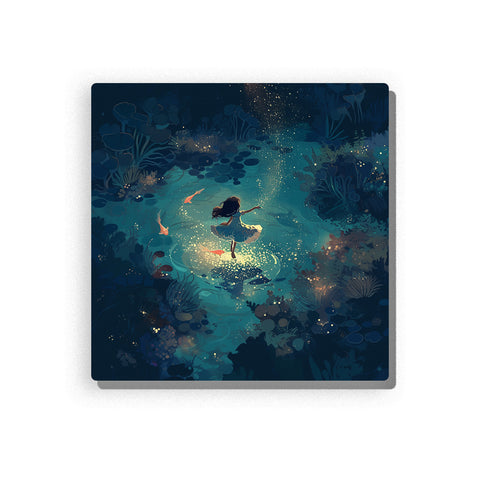 Girl dancing in a glowing night pond with golden sparkles, dark blue water, floating lily pads, fish silhouettes, aquatic plants, and magical bedtime mood, paint by numbers by PaintEasy
