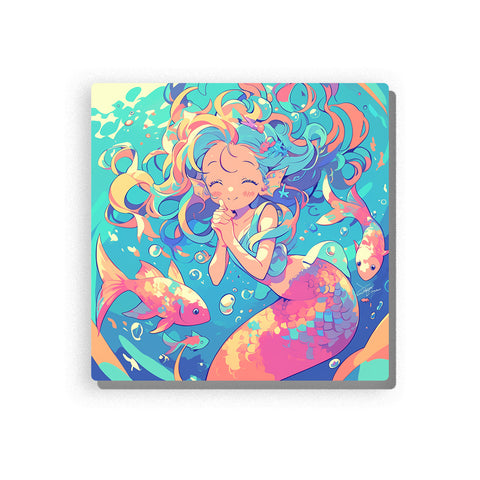 Colorful mermaid floating in a bright ocean fantasy scene with rainbow hair, pink scaled tail, bubbles, playful fish, turquoise water, and cheerful underwater mood, paint by numbers by PaintEasy