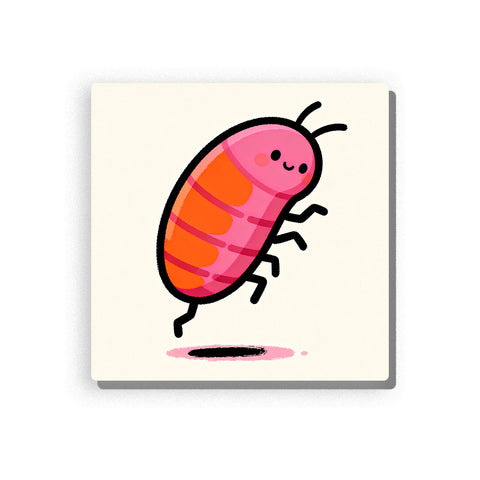 Pink and orange garden bug in side view with curved antennae, bent black legs, striped warm body, tiny face, small ground shadow, and playful first-insect mood, paint by numbers by PaintEasy