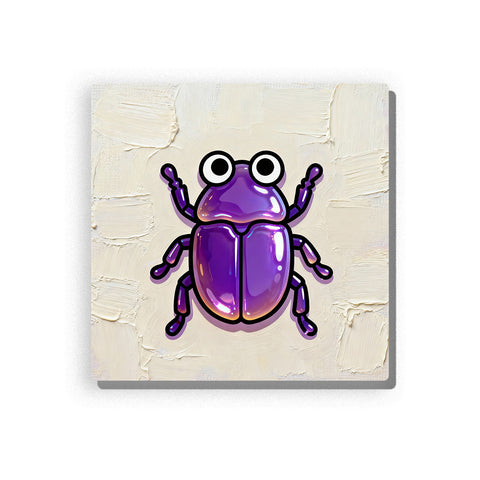 Glossy purple beetle with big round eyes, curved antennae, raised front legs, segmented shiny shell, cream textured background, and friendly first-insect mood, paint by numbers by PaintEasy