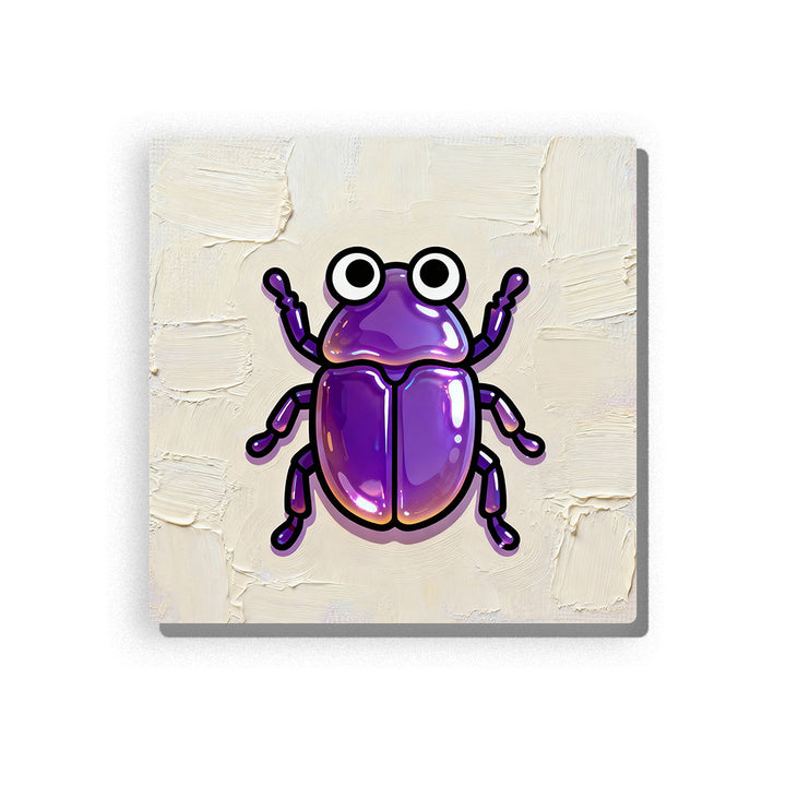 Glossy purple beetle with big round eyes, curved antennae, raised front legs, segmented shiny shell, cream textured background, and friendly first-insect mood, paint by numbers by PaintEasy