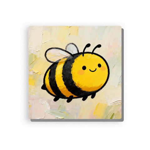 Yellow bumblebee with round smiling face, curved antennae, pale wings, black-and-yellow striped body, tiny legs, cream background, and friendly first-insect mood, paint by numbers by PaintEasy