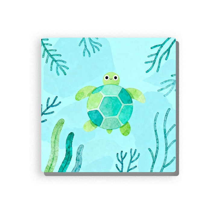 Little green sea turtle swimming in soft blue water with simple flippers, rounded shell, seaweed shapes, coral-like lines, and gentle ocean mood, paint by numbers by PaintEasy