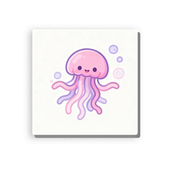 Smiling pink jellyfish with rounded dome head, wavy lavender tentacles, tiny happy face, soft bubble circles, and gentle ocean animal mood, paint by numbers by PaintEasy