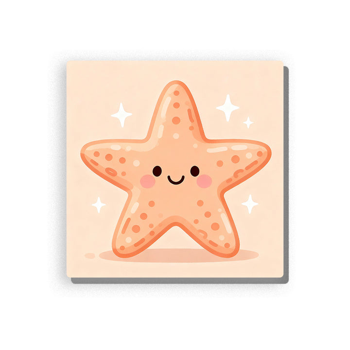 Smiling peach starfish with five rounded arms, orange spot details, tiny black eyes, rosy cheeks, white sparkles, and soft ocean animal mood, paint by numbers by PaintEasy