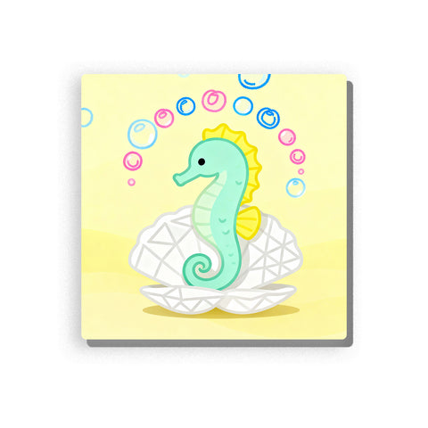 Smiling mint seahorse sitting on a white seashell with yellow fin, curled tail, pink and blue bubble arch, pale yellow background, and gentle ocean animal mood, paint by numbers by PaintEasy