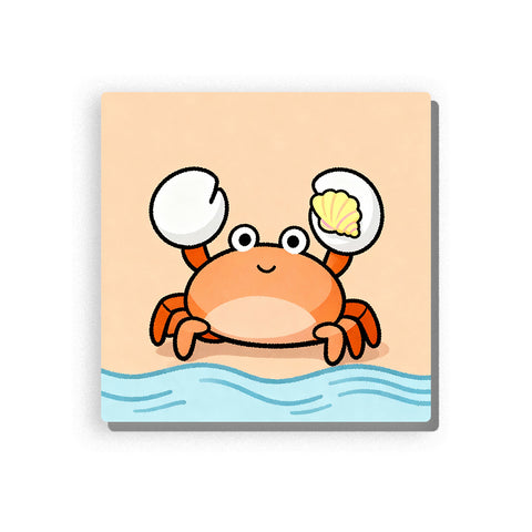 Smiling orange crab with raised white claws, yellow seashell, round eyes, simple blue waves, peach background, and cheerful ocean animal mood, paint by numbers by PaintEasy
