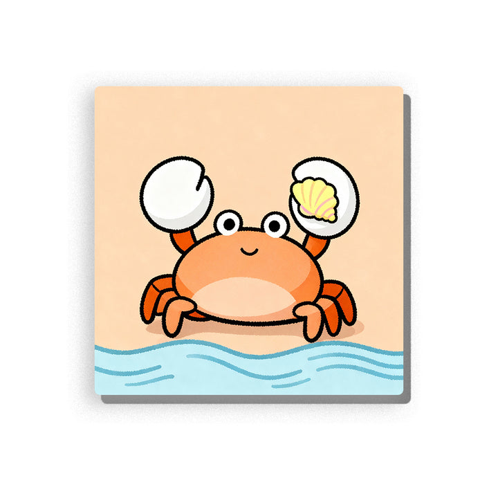 Smiling orange crab with raised white claws, yellow seashell, round eyes, simple blue waves, peach background, and cheerful ocean animal mood, paint by numbers by PaintEasy