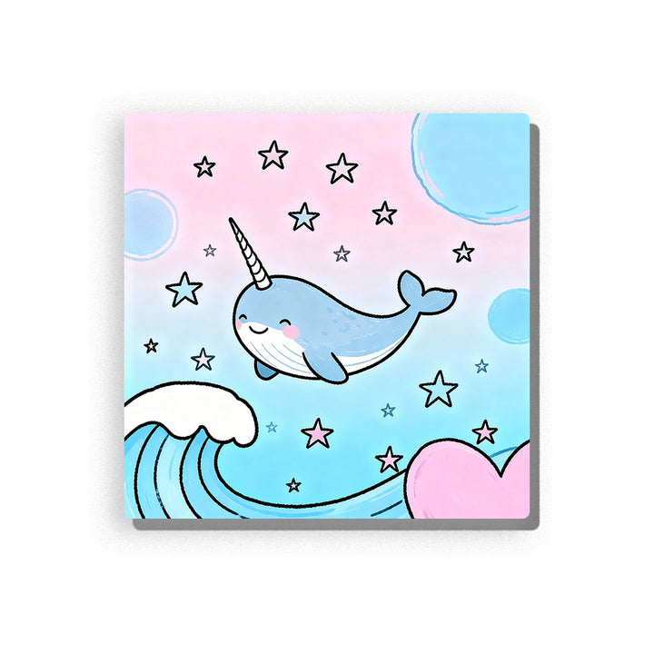 Smiling blue narwhal with spiral horn, pastel pink and aqua background, scattered stars, curling ocean wave, pink heart shape, and dreamy sea animal mood, paint by numbers by PaintEasy