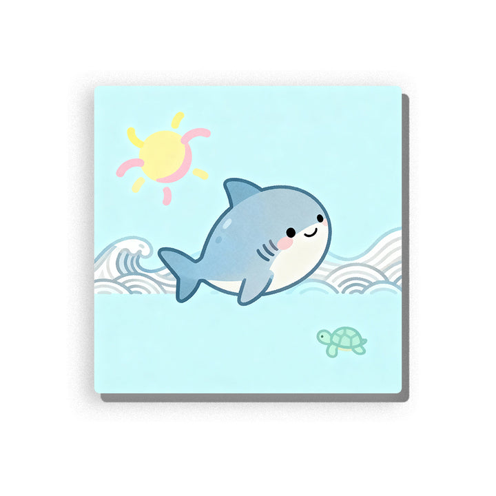 Smiling blue shark swimming through simple ocean waves with white belly, pastel sun, tiny turtle, pale aqua background, and gentle sea animal mood, paint by numbers by PaintEasy