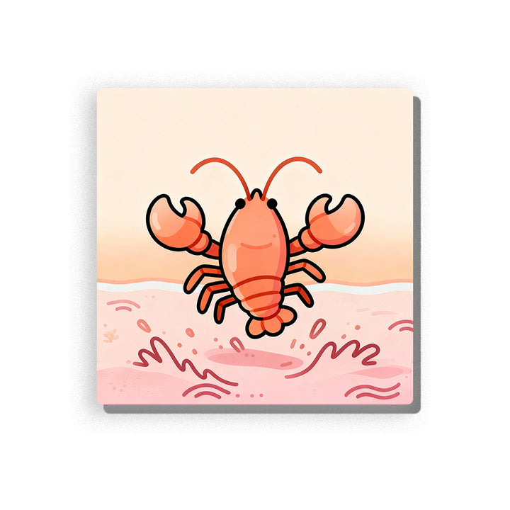 Smiling orange lobster with raised claws, long antennae, simple pink waves, splash marks, peach background, and playful ocean animal mood, paint by numbers by PaintEasy