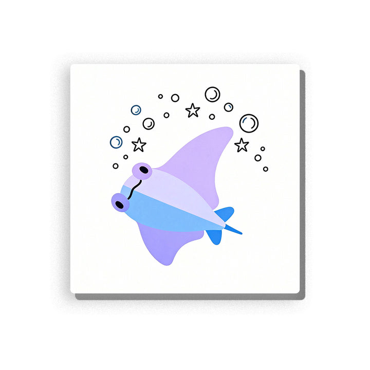 Smiling purple stingray with blue belly, wide wing-like body, simple tail, small bubbles, black-outlined stars, and gentle ocean animal mood, paint by numbers by PaintEasy