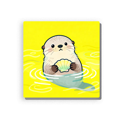 Cute sea otter holding a pastel seashell in bright yellow water with round cream face, tiny black eyes, brown paws, white ripple lines, and cheerful ocean animal mood, paint by numbers by PaintEasy