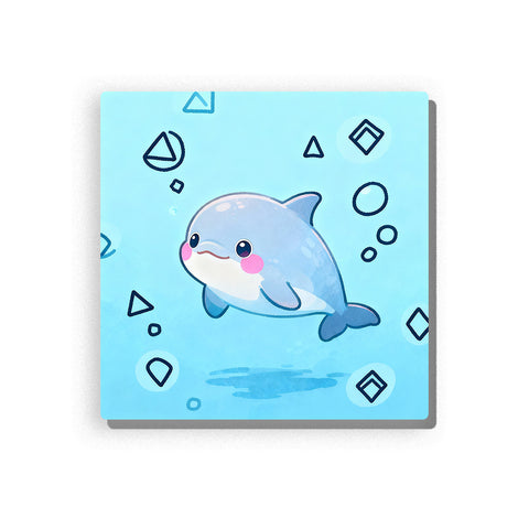 Smiling blue dolphin swimming in aqua water with simple fins, curved tail, rosy cheek, geometric bubbles, circles, diamonds, triangles, and gentle ocean animal mood, paint by numbers by PaintEasy
