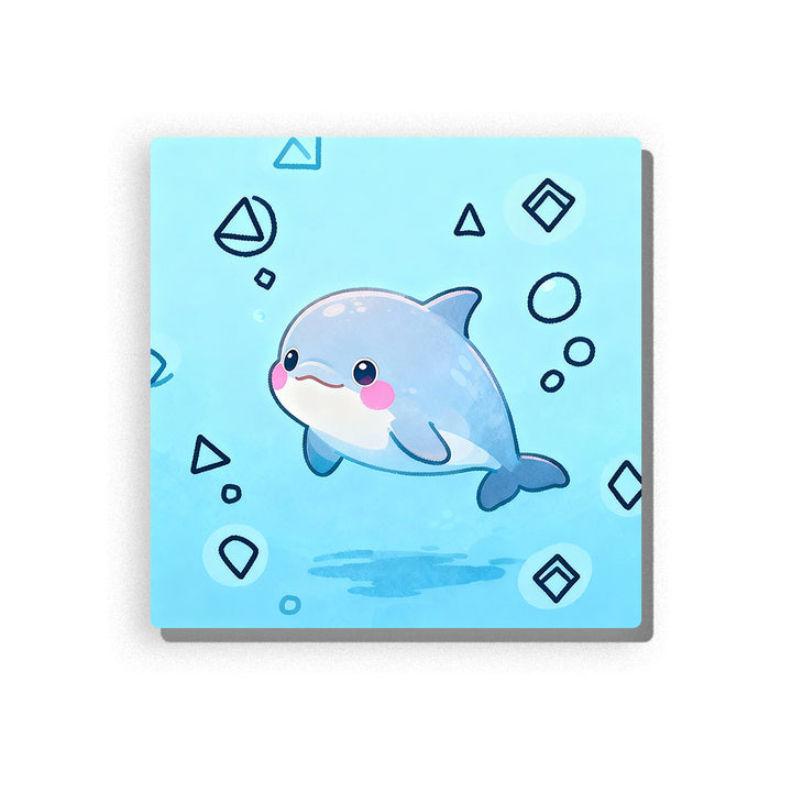 Smiling blue dolphin swimming in aqua water with simple fins, curved tail, rosy cheek, geometric bubbles, circles, diamonds, triangles, and gentle ocean animal mood, paint by numbers by PaintEasy
