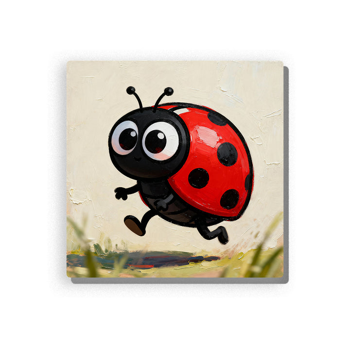 Running red ladybug with shiny shell, black spots, large round eyes, tiny antennae, small legs, cream background, and friendly first-insect mood, paint by numbers by PaintEasy