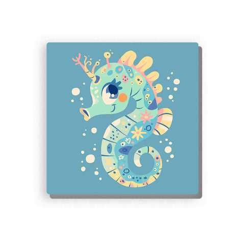 Patterned mint seahorse with curled tail, big eye, yellow fins, coral-like head details, playful body spots, floating bubbles, and cute underwater animal mood, paint by numbers by PaintEasy