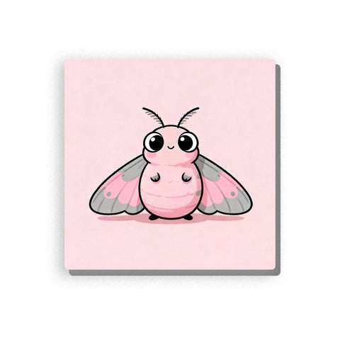 Pink moth with large round eyes, short antennae, soft gray wings, pale pink wing panels, plump body, tiny feet, and gentle first-insect mood, paint by numbers by PaintEasy