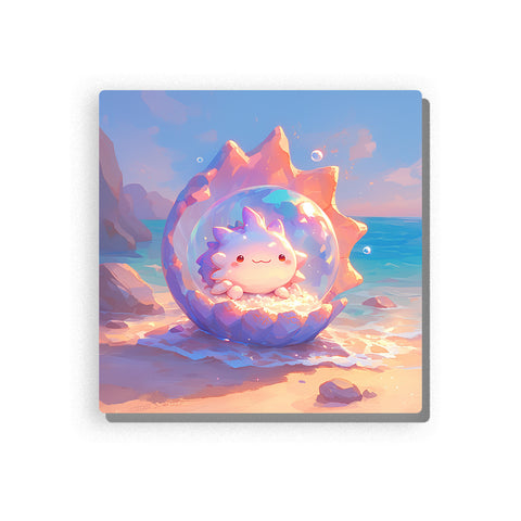 Cute axolotl resting inside a glowing crystal shell by the sea with pink gills, round eyes, pearly sand, ocean water, beach rocks, and soft seaside fantasy mood, paint by numbers by PaintEasy