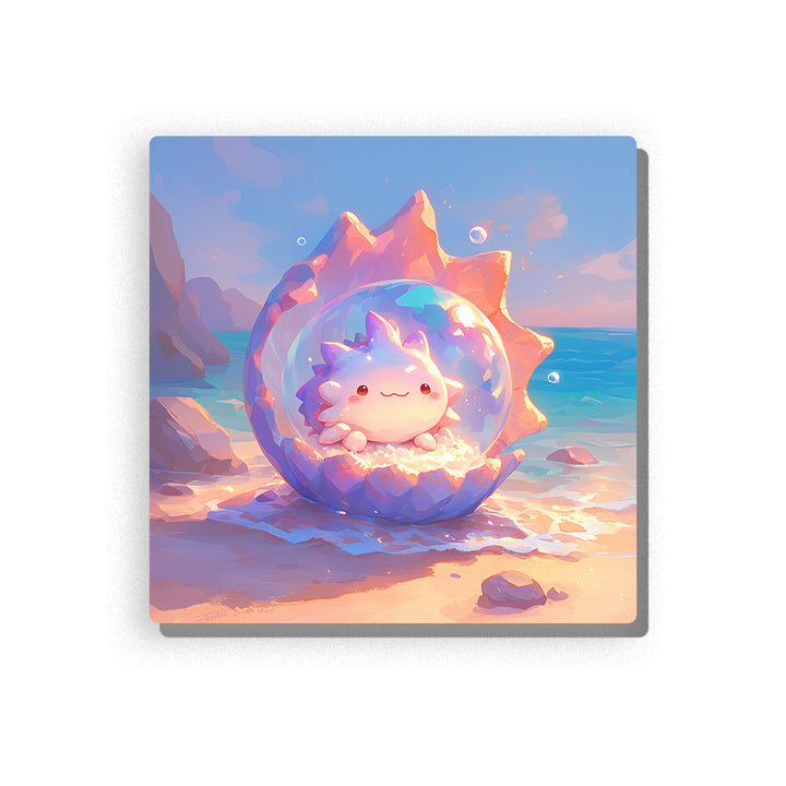 Cute axolotl resting inside a glowing crystal shell by the sea with pink gills, round eyes, pearly sand, ocean water, beach rocks, and soft seaside fantasy mood, paint by numbers by PaintEasy