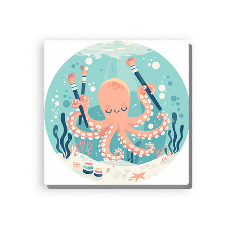 Painting octopus holding brushes under the sea with tentacles, bubbles, coral, sea plants, starfish, soft aqua background, and playful underwater animal mood, paint by numbers by PaintEasy